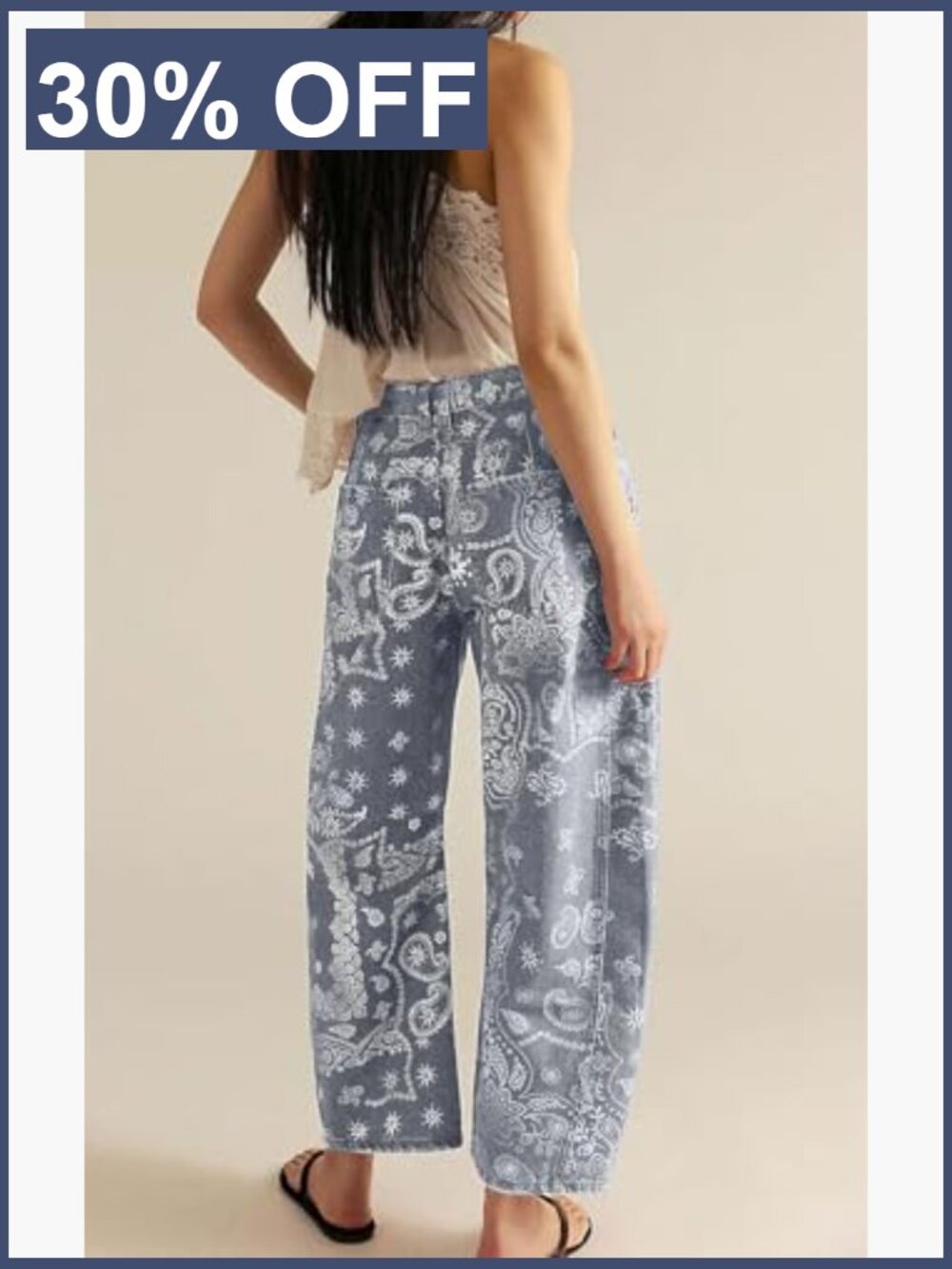 Womens 90s Baggy Barrel Jeans Wide Leg Floral Print Mid Rise Ankle Denim - Picture 4 of 6